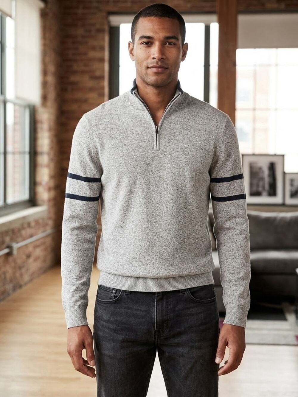 Banana Republic Mens Heather Gray Quarter Zip Sweater Sleeve Stripe Pullover LG